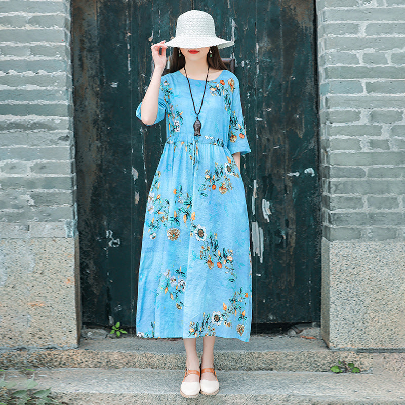 Ethinc Line Summer Half Sleeves Women Long Dresses-Dresses-Light Blue（886）-M-Free Shipping Leatheretro