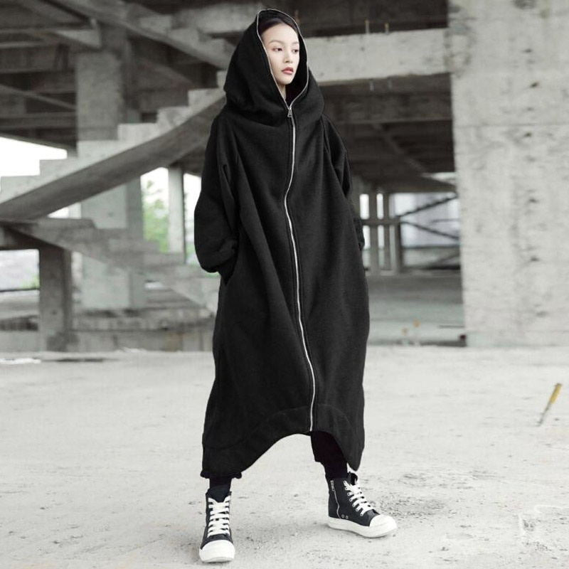 Creative Zipper Winter Long Hoodies Outerwear for Women-Outerwear-Black-S-Free Shipping Leatheretro