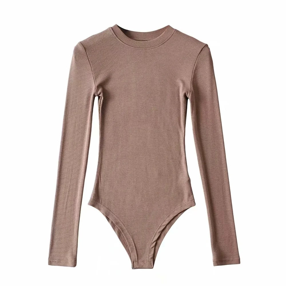 Sexy Tight Round Neck Long Sleeves Romper Shirts-Shirts & Tops-Brown-S-Free Shipping Leatheretro