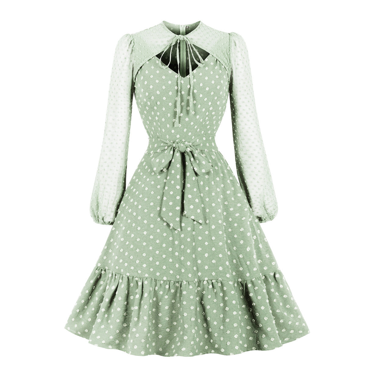 Elegant Tulle Ruffled Long Sleeves Dresses-Dresses-Light Green-S-Free Shipping Leatheretro