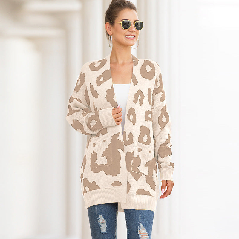 Women Leopard Design Pockets Knitting Cardigans-Shirts & Tops-Khaki-S-Free Shipping Leatheretro