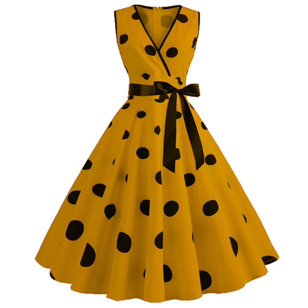 Casual Sleeveless Dot Print Vintage Dresses-Vintage Dresses-Yellow-S-Free Shipping Leatheretro