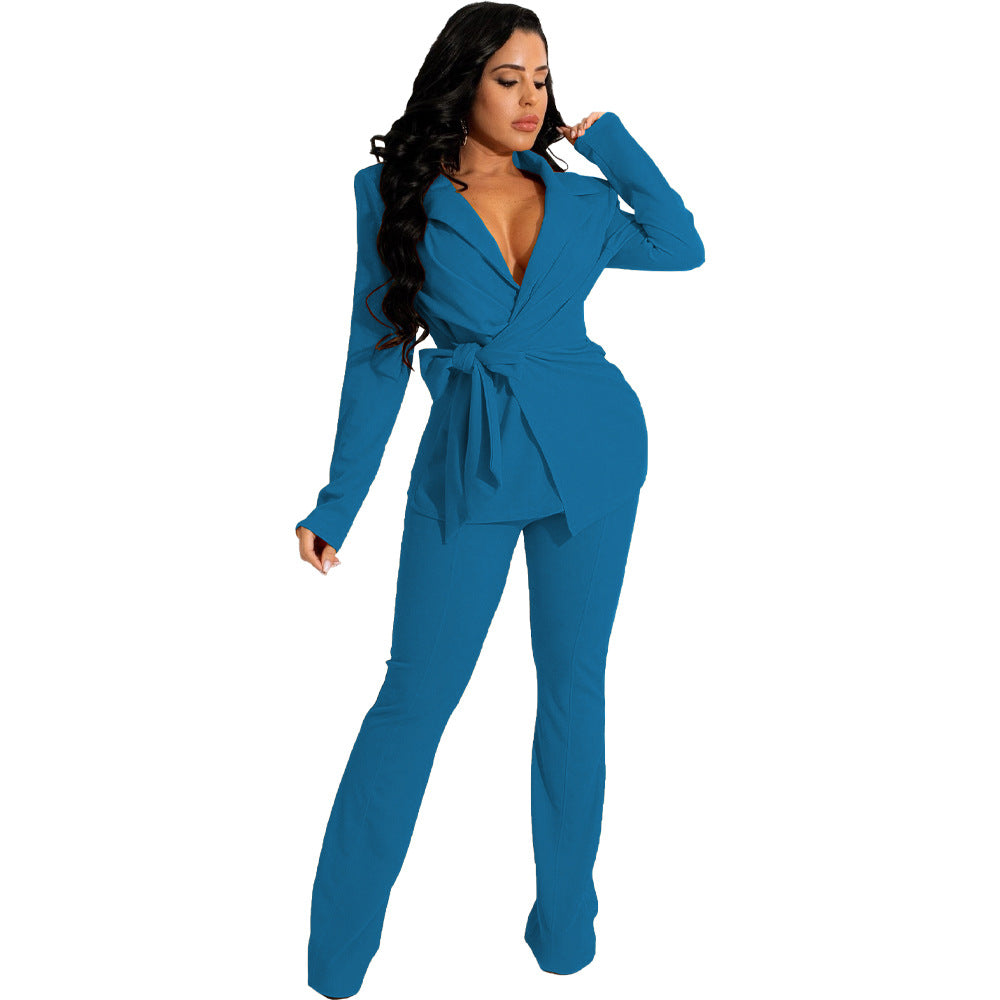 Casual Deep V Neck Women Two Pieces Outfit Sets-Suits-Blue-S-Free Shipping Leatheretro
