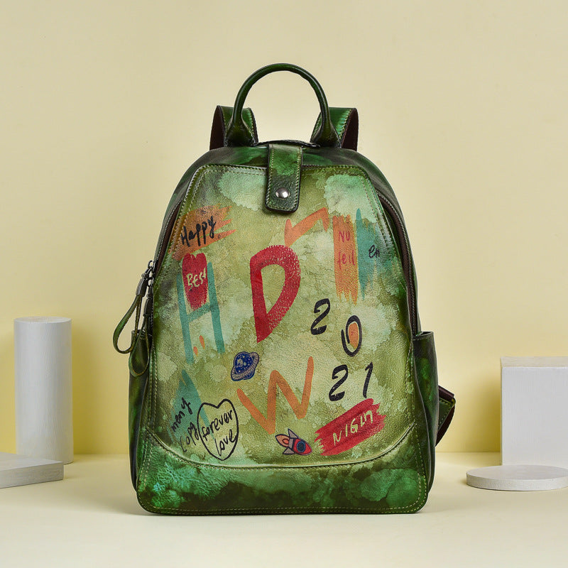 Vintage Graffiti Leather Backback for Women C313-Leatehr Backpack-Green-Free Shipping Leatheretro