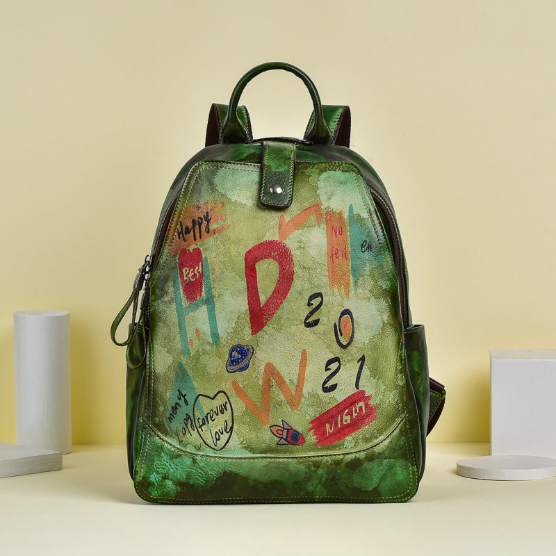 Vintage Graffiti Leather Backback for Women C313-Leatehr Backpack-Yellow-Free Shipping Leatheretro