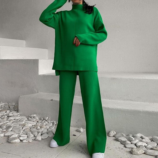 Winter Long Sleeves Knitted Tops and Wide Leg Pants-Suits-Green-S-Free Shipping Leatheretro
