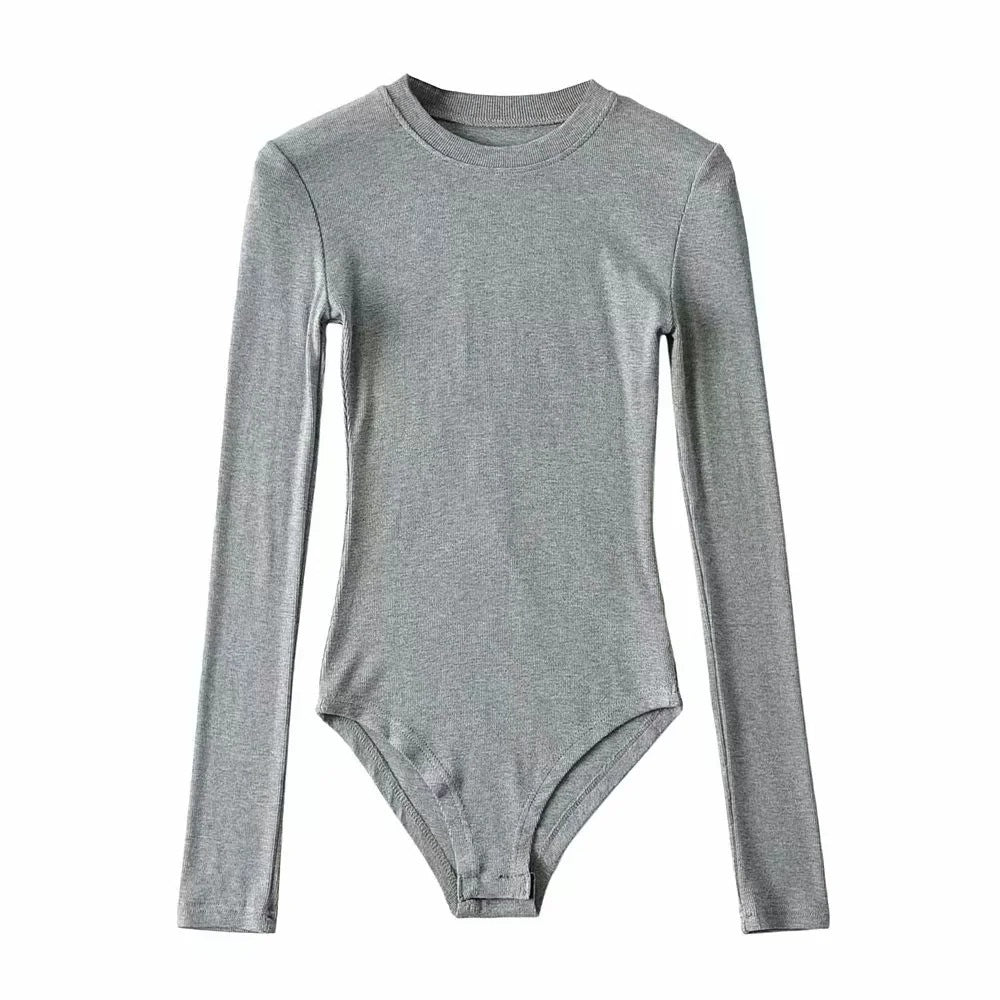 Sexy Tight Round Neck Long Sleeves Romper Shirts-Shirts & Tops-Gray-S-Free Shipping Leatheretro