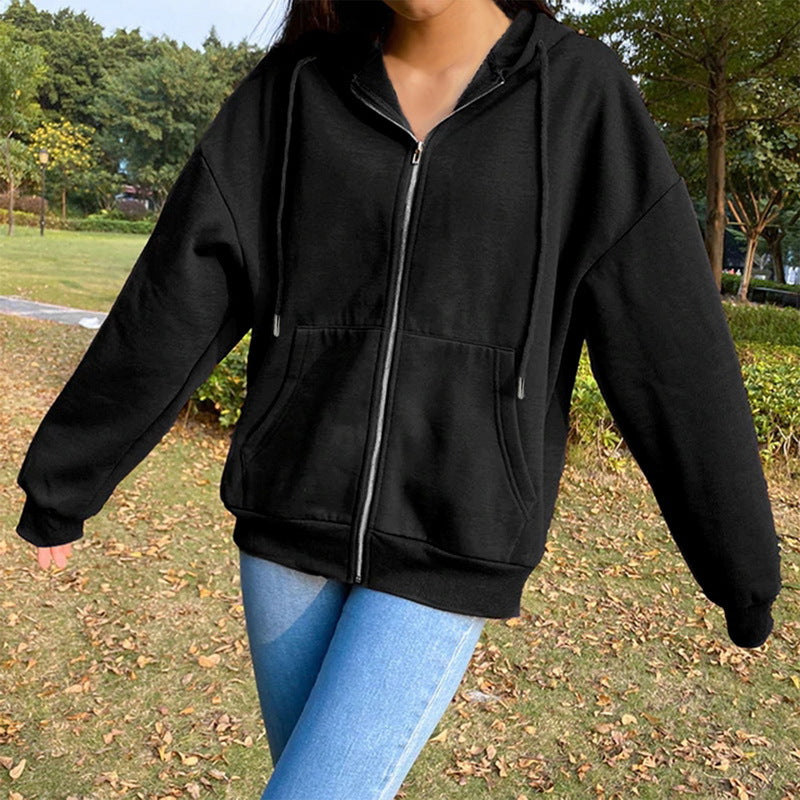 Casual Zipper Velvet Long Sleves Women Hoody Tops-Outerwear-Black-S-Free Shipping Leatheretro