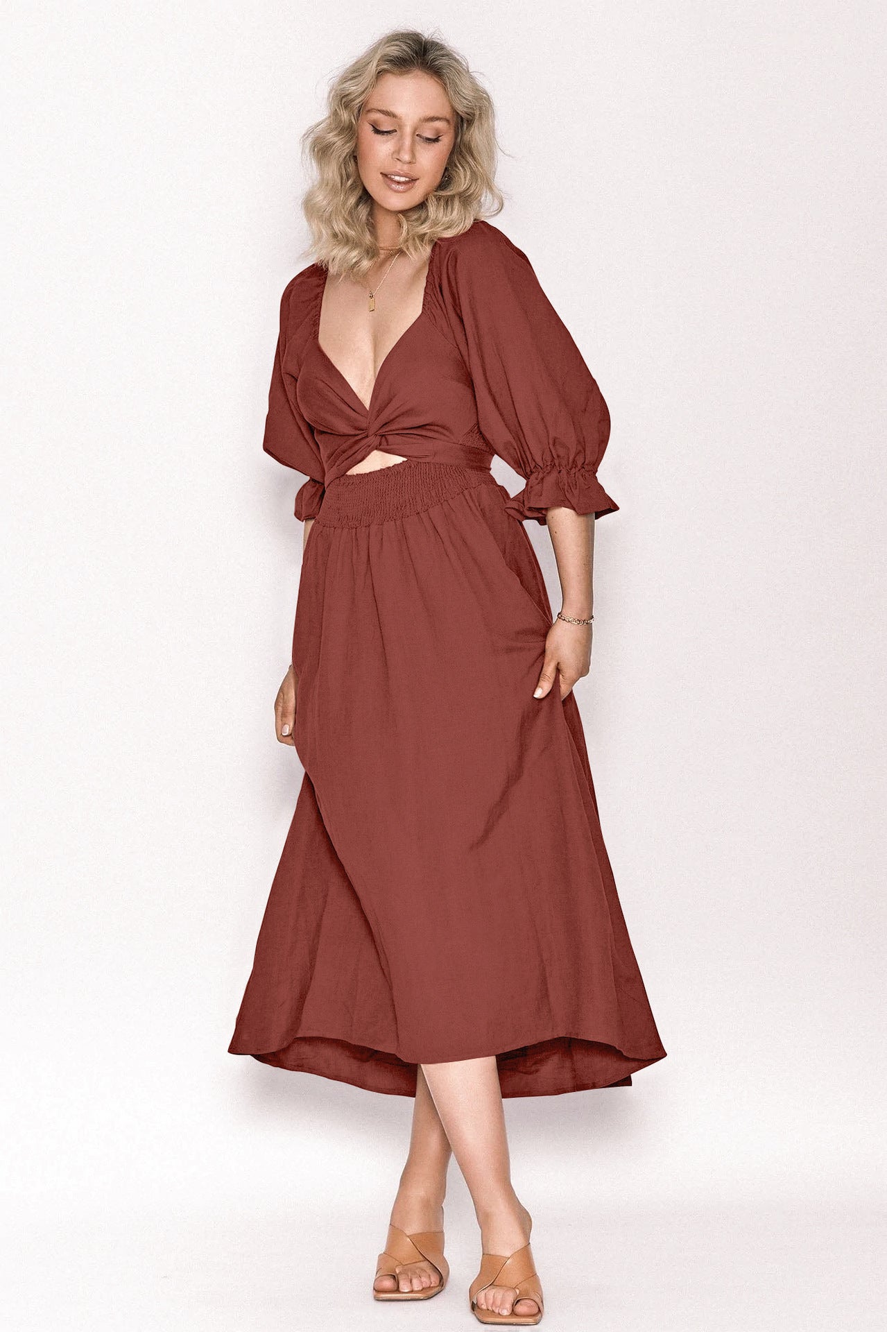 Summer High Waist Long Sleeves Double Sides Midi Dresses-Dresses-Red-S-Free Shipping Leatheretro