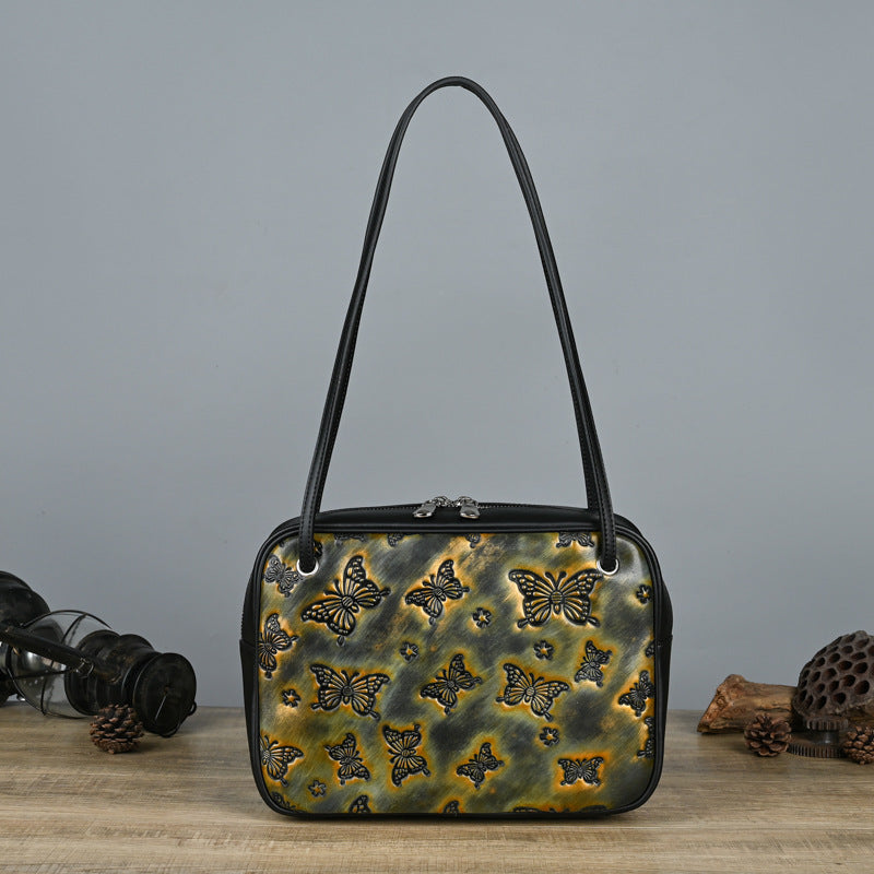Vintage Handmade Cowhide Leather Shoulder Handbags 6022-Handbags-Black Butterfly-Free Shipping Leatheretro