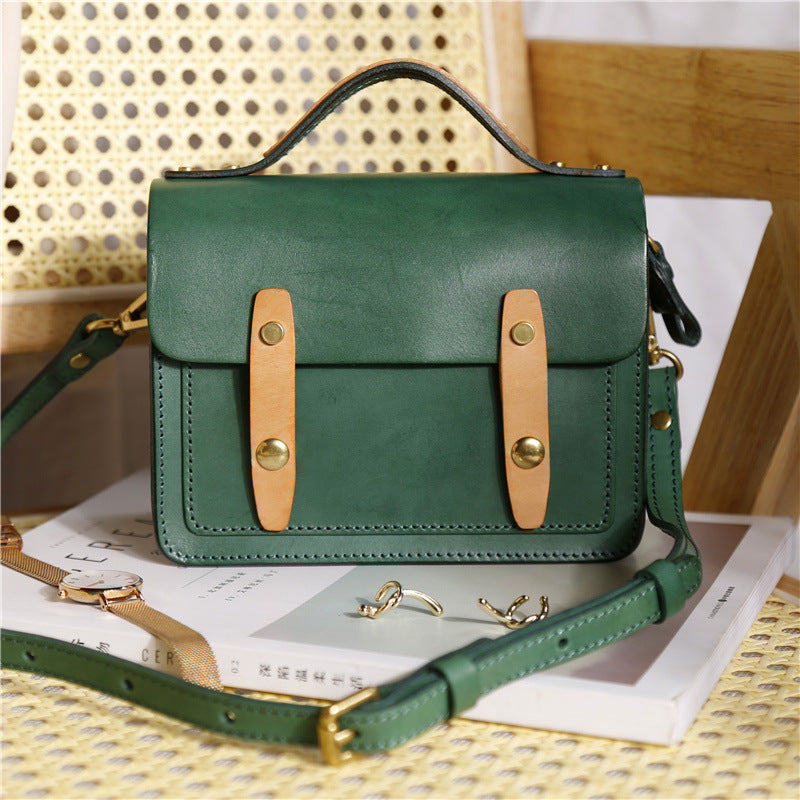 Cowhide Vege Tanned Leather Messager Handbag for Women 8025-Handbags-Dark Green-Free Shipping Leatheretro