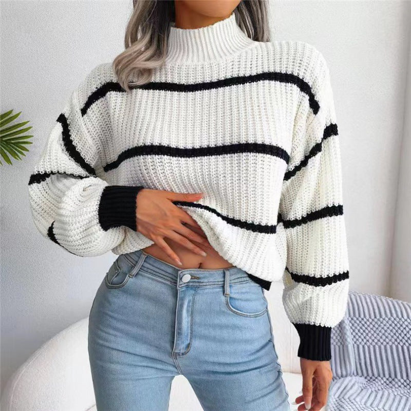 Fashion Striped High Neck Knitted Pullover Sweaters-Shirts & Tops-White-One Size-Free Shipping Leatheretro