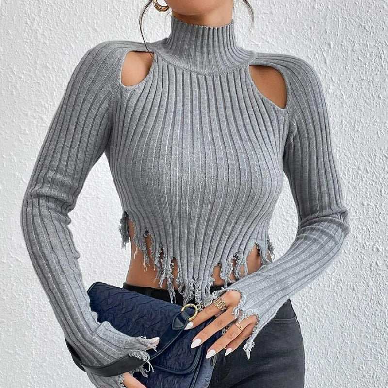 Sexy Long Sleeves Turtleneck Middriff Knitted Sweater-Shirts & Tops-Light Gray-S-Free Shipping Leatheretro