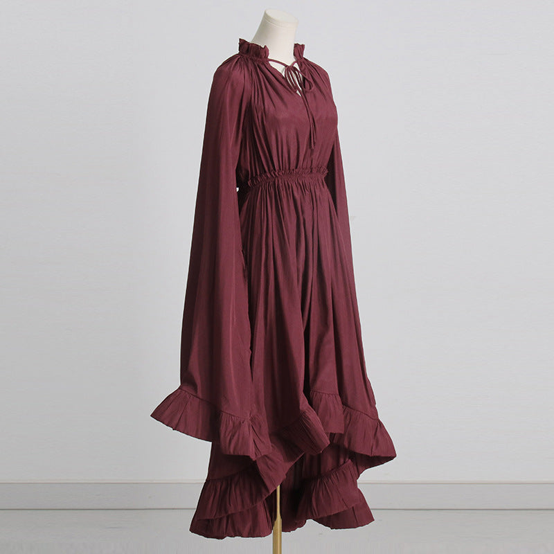 Designed V Neck Ruffled Long Sleeves Cloak Dresses-Dresses-Wine Red-S-Free Shipping Leatheretro
