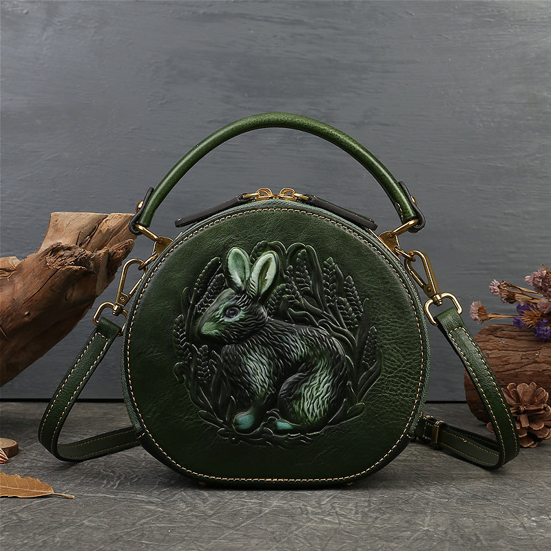 Vintage Embossing Rabbit Round Shape Shoulder Handbags 6223-Handbags-Green-Free Shipping Leatheretro