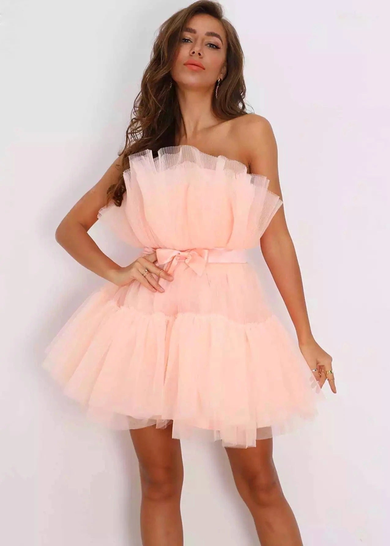 Sexy Strapless Tulle Bowknot Ball Gown Pary Dresses-Dresses-Pink-S-Free Shipping Leatheretro