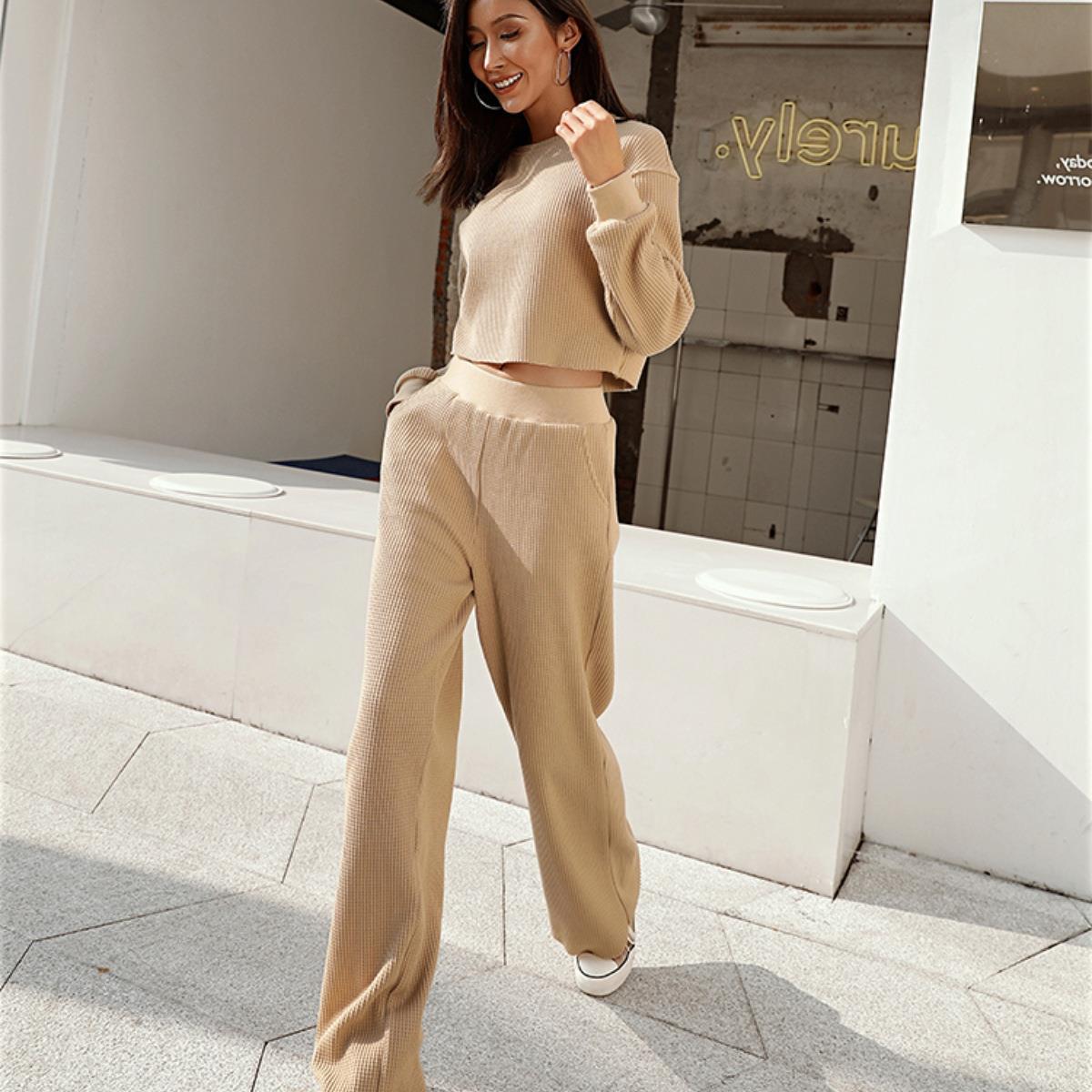 Casual Fall/Winter Two Pieces Tops & Wide Legs Pants-Suits-White-S-Free Shipping Leatheretro