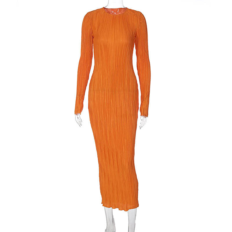 Fashion Round Neck Long Sleeves Dresses-Dresses-Orange-S-Free Shipping Leatheretro