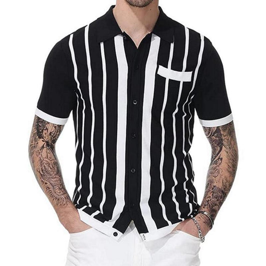 White&black Striped Business Polo T Shirts for Men-Shirts & Tops-Black-S-Free Shipping Leatheretro