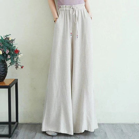 Vintage Linen Elastic Waist Summer Wide Legs Pants for Women-Pants-White-M-Free Shipping Leatheretro