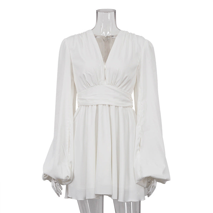 Sexy High Waist Deep V Neck Short Mini Dresses-Dresses-White-S-Free Shipping Leatheretro