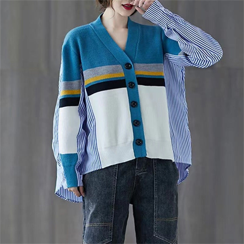 Vintage Long Sleeves Striped Knitting Women Cardigan Sweaters-Shirts & Tops-Blue-One Size-Free Shipping Leatheretro