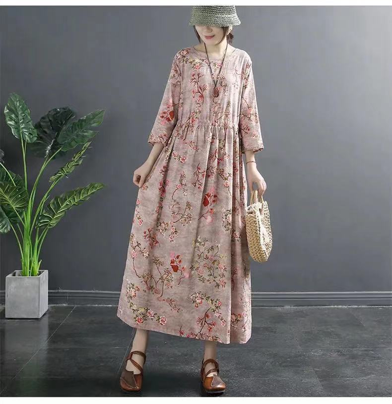 Vintage Cotton Women Plus Sizes Long Dresses-Dresses-Gray-M-Free Shipping Leatheretro