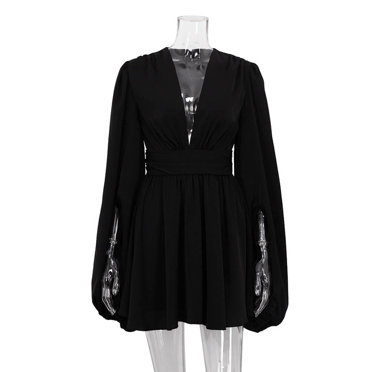 Sexy High Waist Deep V Neck Short Mini Dresses-Dresses-Black-S-Free Shipping Leatheretro