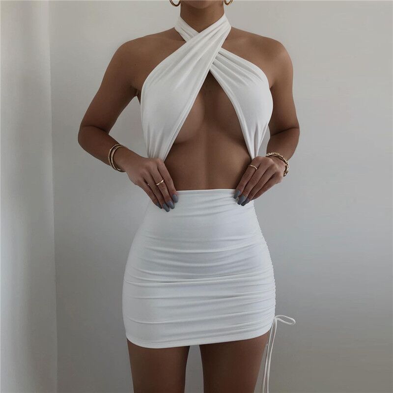 Sexy Halter Backless Summer Bodycon Dresses-Dresses-White-S-Free Shipping Leatheretro