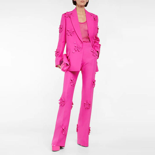 Luxury Designed 3d Floral Blazers & Trumpet Pants-Suits-Pink Top-S-Free Shipping Leatheretro