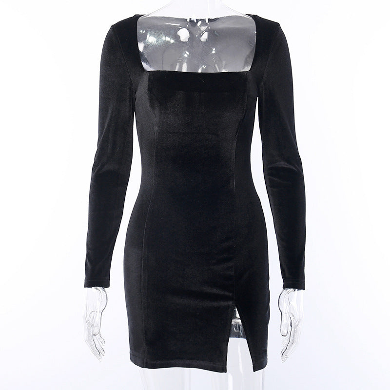 Vintage Black Split Front Mini Dresses-Dresses-Black-S-Free Shipping Leatheretro