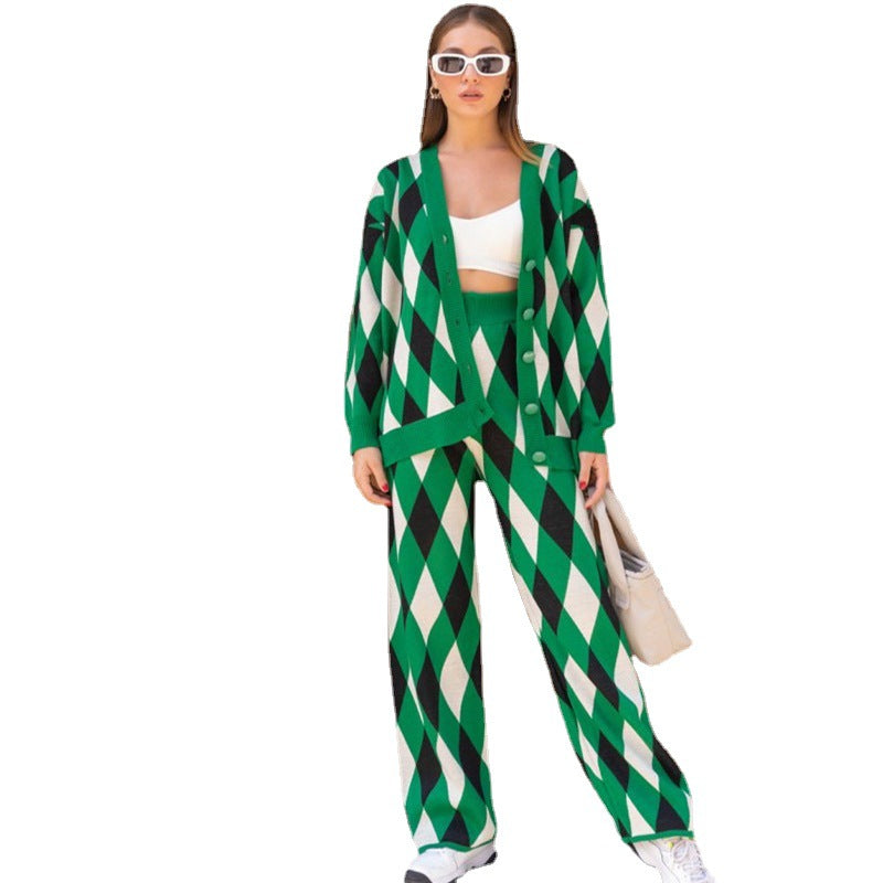 Women Geometry Casual Knitting Top&Pants Two Pieces Suits-Suits-Green-S-Free Shipping Leatheretro