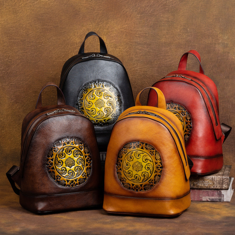 Vintage Vegetable Tanned Leather Embossing Backpack for Women C319-Leather Backpack for Women-Brown-Free Shipping Leatheretro