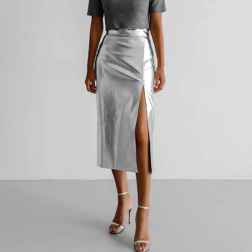 Designed Pu High Waist Sexy Silver Skirts-Skirts-Silver-S-Free Shipping Leatheretro