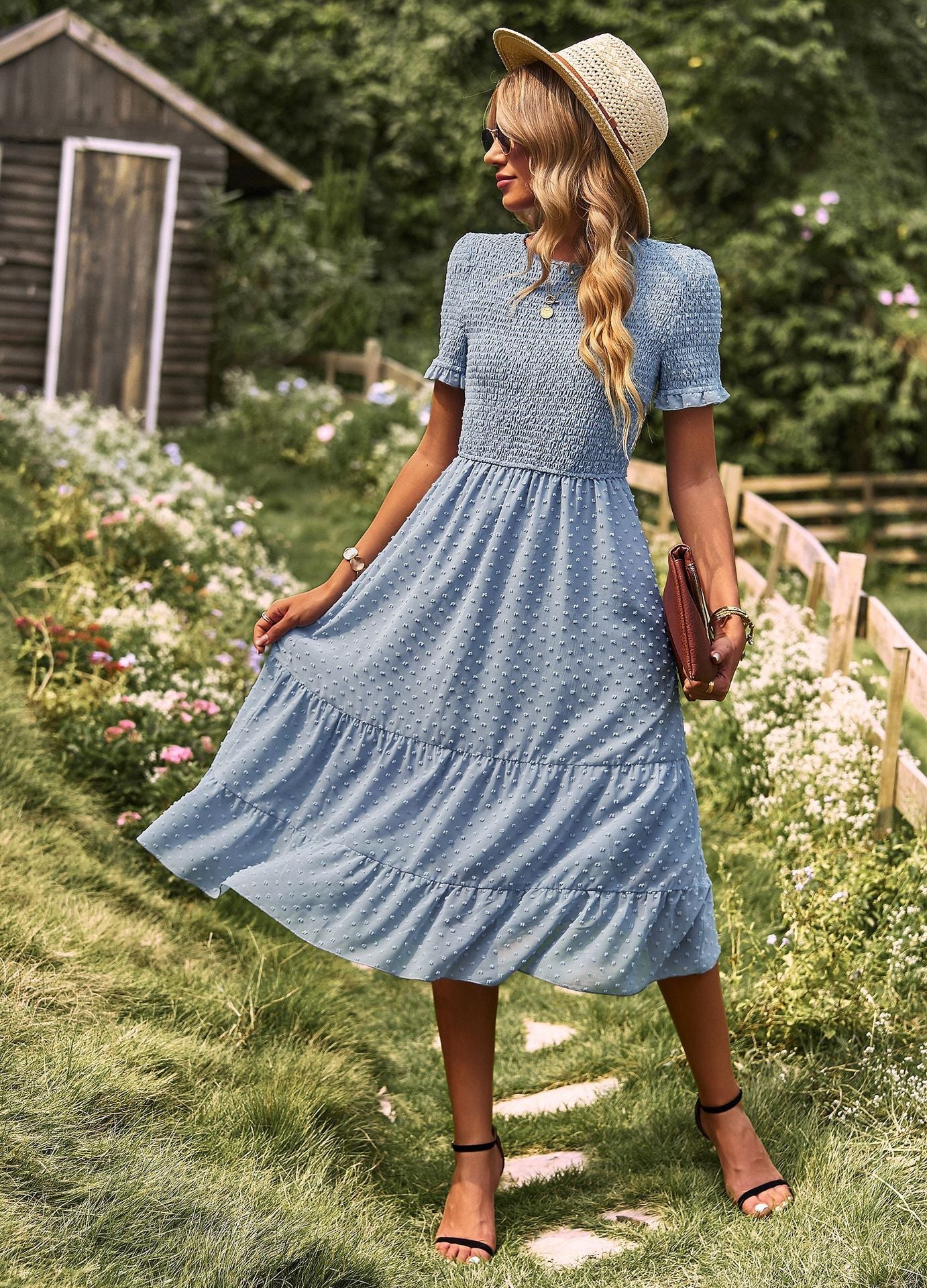 Elegant Short Sleeves Midi Dresses-Dresses-Blue-S-Free Shipping Leatheretro