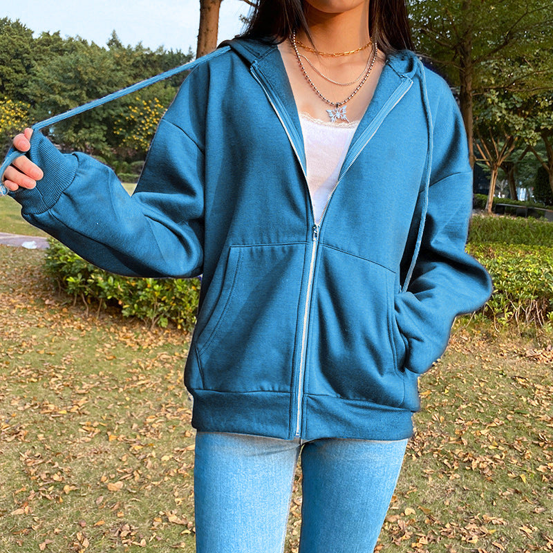 Casual Zipper Velvet Long Sleves Women Hoody Tops-Outerwear-Sky Blue-S-Free Shipping Leatheretro