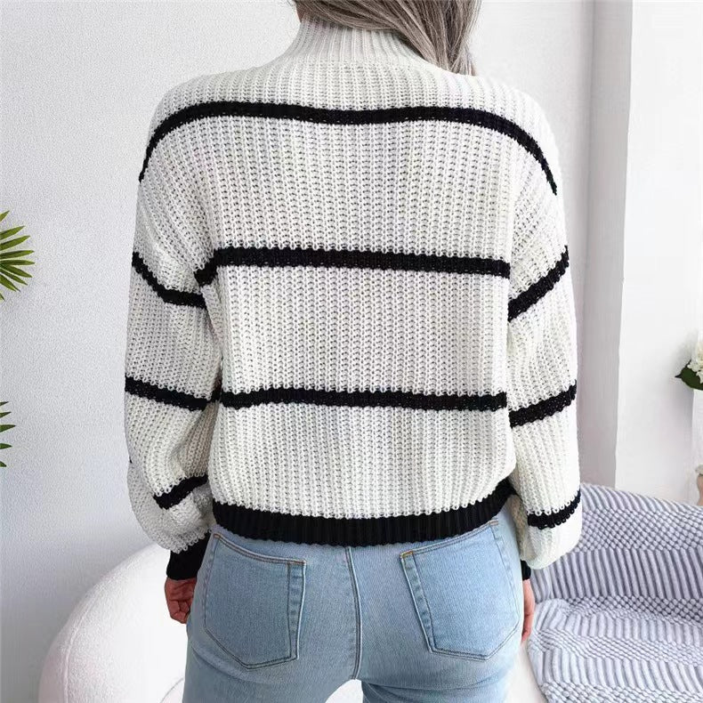 Fashion Striped High Neck Knitted Pullover Sweaters-Shirts & Tops-White-One Size-Free Shipping Leatheretro