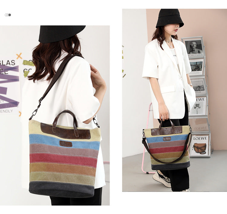 Rainbow Striped Design Canvas Tote Bags for Women 1660-Handbags-The same as picture-Free Shipping Leatheretro