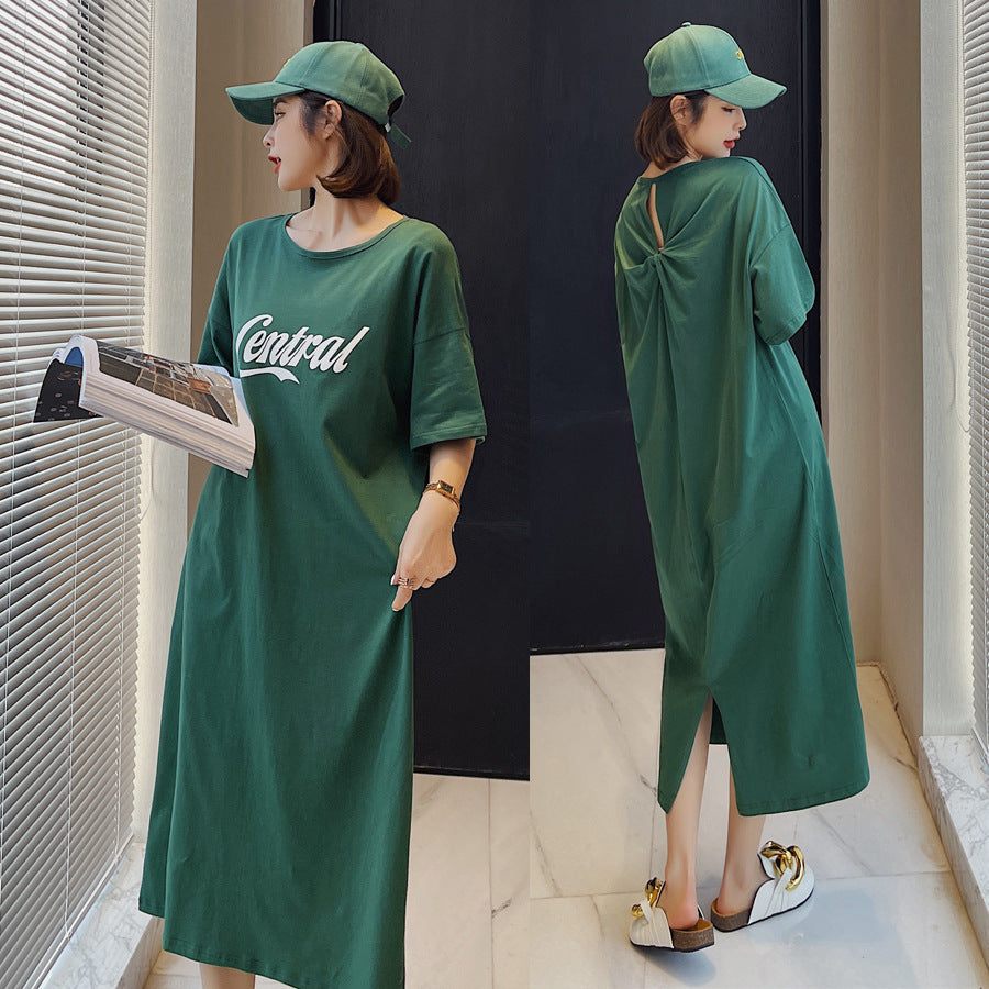Summer Green Backless Short Sleeves Long T Shirts Dresses-Dresses-Green-L-Free Shipping Leatheretro