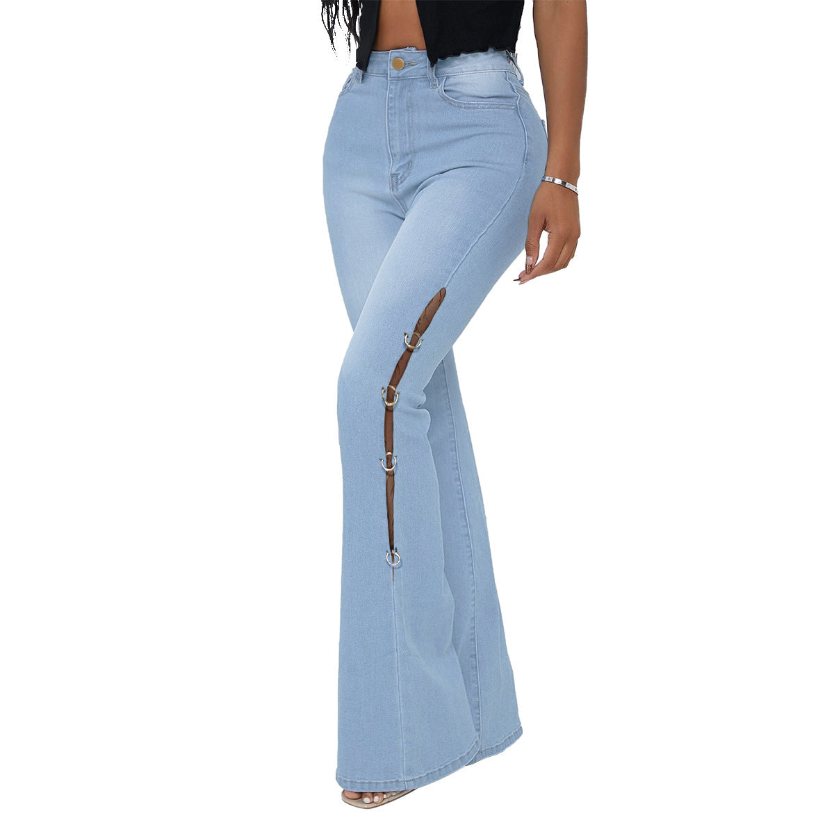 Fashion Metal Denim Women Trumpet Jeans-Pants-Light Blue-S-Free Shipping Leatheretro