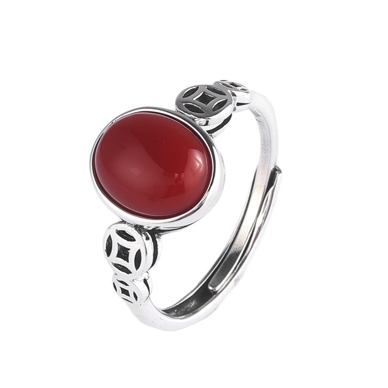 Vintage Designed Silver Rings for Women-Rings-Red-Adjustable-Open-Free Shipping Leatheretro