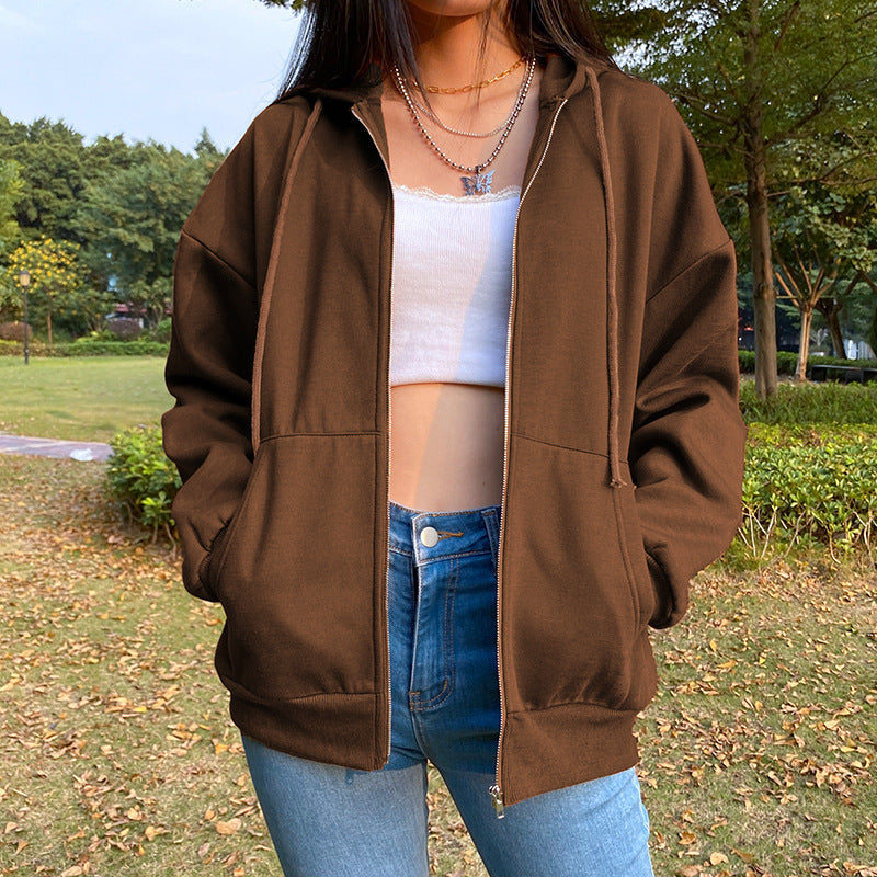 Casual Zipper Velvet Long Sleves Women Hoody Tops-Outerwear-Coffee-S-Free Shipping Leatheretro