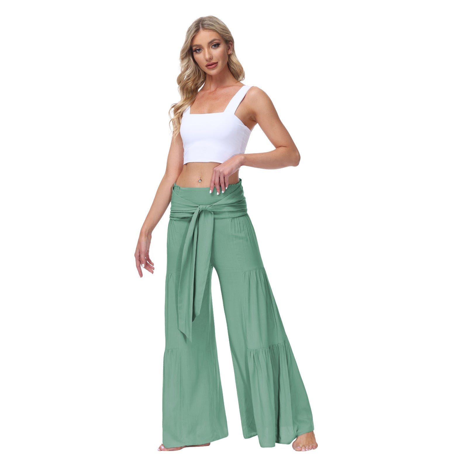 Casual Elastic Waist Wide Legs Pants-Women Bottoms-Green-S-Free Shipping Leatheretro