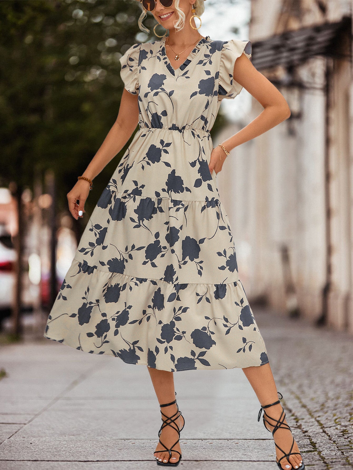 Casual V Neck Floral Print Women Dresses-Dresses-Apricot-S-Free Shipping Leatheretro