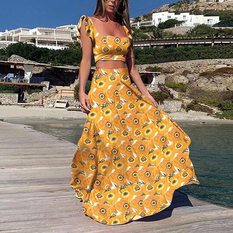 Straps Floral Print Tops&Skirt Sets-Boho Dresses-Yellow-S-Free Shipping Leatheretro