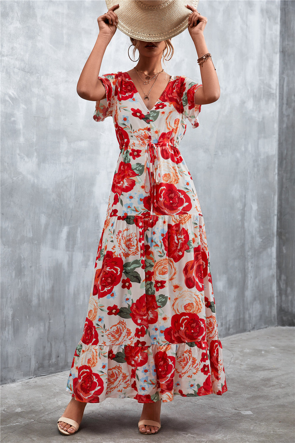 Casual V Neck Long Maxi Dresses-Dresses-Red Flower-S-Free Shipping Leatheretro