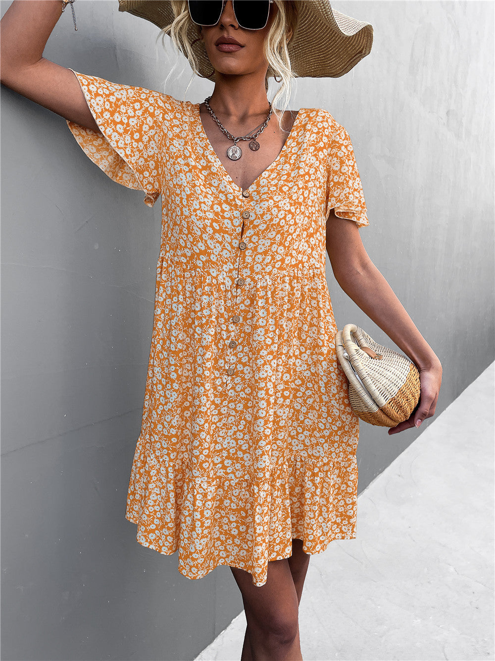 Leisure Floral Print Summer Short Dresses-Dresses-Yellow-S-Free Shipping Leatheretro