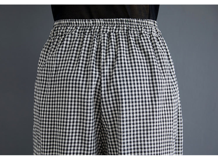 Summer High Elastic Waist Linen Women Loose Pants-Pants-Small Plaid-L-Free Shipping Leatheretro
