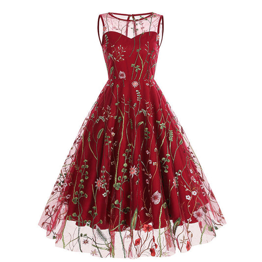 Vintage Sleeveless Embroidery Dresses-Dresses-Red-S-Free Shipping Leatheretro