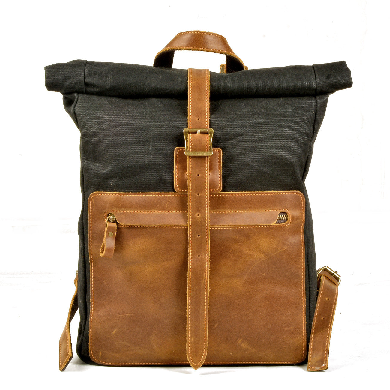 Vintage Leather Waxed Canvas Backpack-Black-Free Shipping Leatheretro